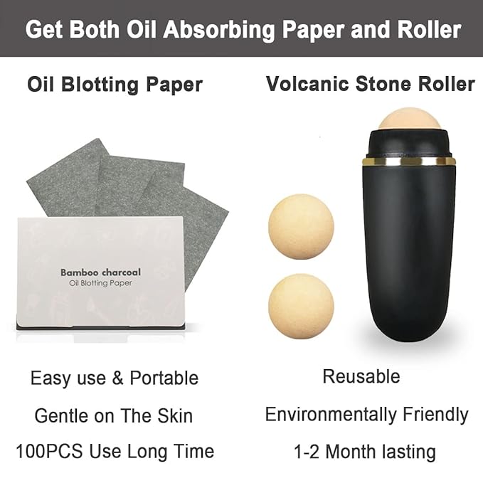 103 PCS Volcanic Roller Oily Skin Oil Control On The Go Volcanic Face Roller Oil Absorbing Volcanic Roller with Oil Blotting Sheet Paper for Oily Skin Care Oil Control Film Tissues (Type2)-Velvo Beauty