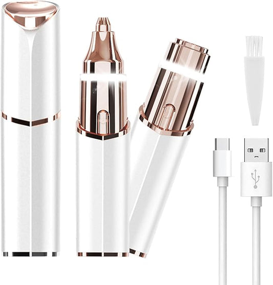 Facial Hair Removal Eyebrow Trimmer - Facial Shaver Device 2 in 1 Remover for Face Peach Fuzz Eyebrow Nose Ear Hair Chin Lips Armpit with LED Light Rechargeable for Women Men Travel Size (White)-Velvo Beauty
