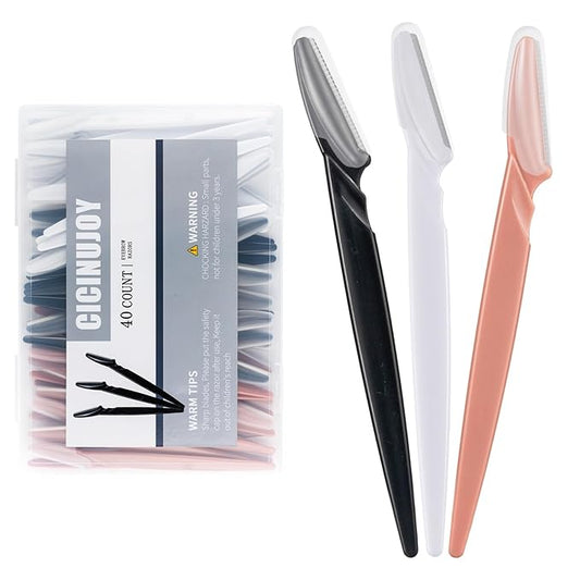 40pcs Eyebrow Razor for Women, Face Shaver Kit Dermaplaning Tool for Peach Fuzz Removal, Stainless Steel Blades with Protective Covers | Eyebrow Trimmer, Facial Hair Removal(Black White Brown)-Velvo Beauty