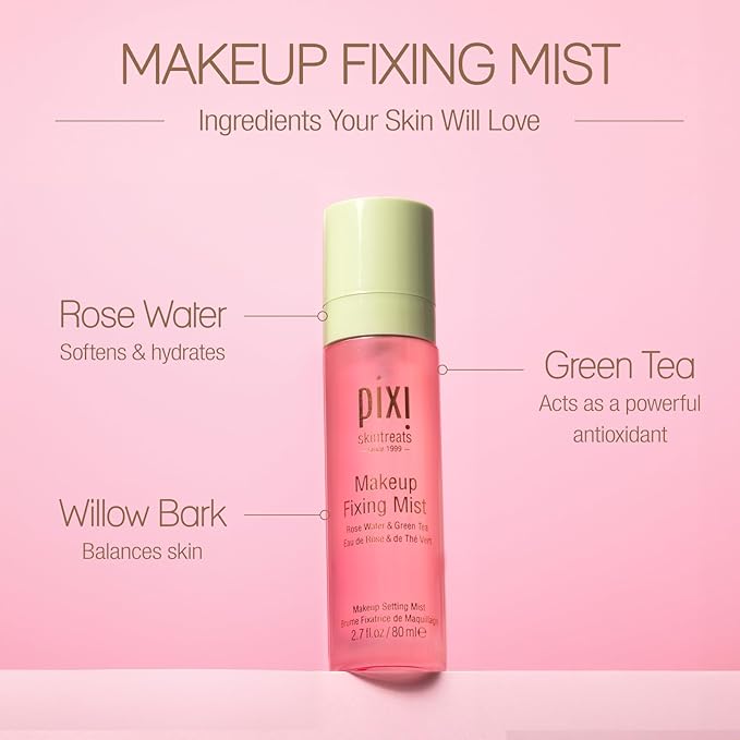 Pixi Beauty Makeup Fixing Mist 80ml, All Over Setting Spray For Longer Wearing Makeup, Rose Water and Green Tea Infused, 2.7 Fl Oz-Velvo Beauty