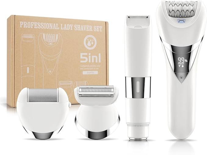 Electric Bikini Epilator for Women, 5 in 1 Hair Removal for Face, Chin, Arm, Leg, Armpit, Bikini Trimmer, IPX6 Waterproof, USB Rechargeable, Wet & Dry Lady Shaver,2 Speeds & 5 Cutter Heads-Velvo Beauty