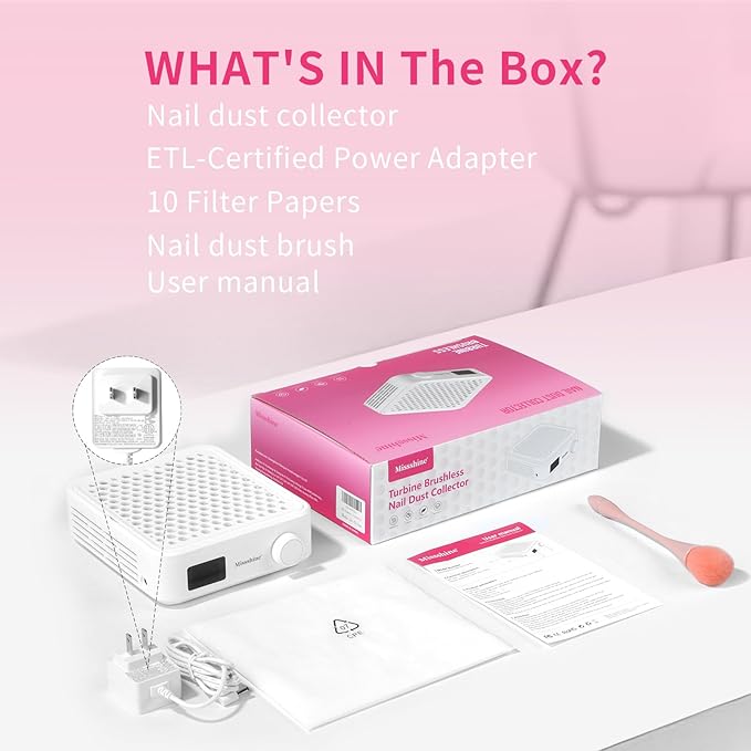 Missshine Nail Dust Collector with Adjustable Suction Power,Mini Vacuum Nail fan Dust Collector With Reusable Filter for Girls-Velvo Beauty