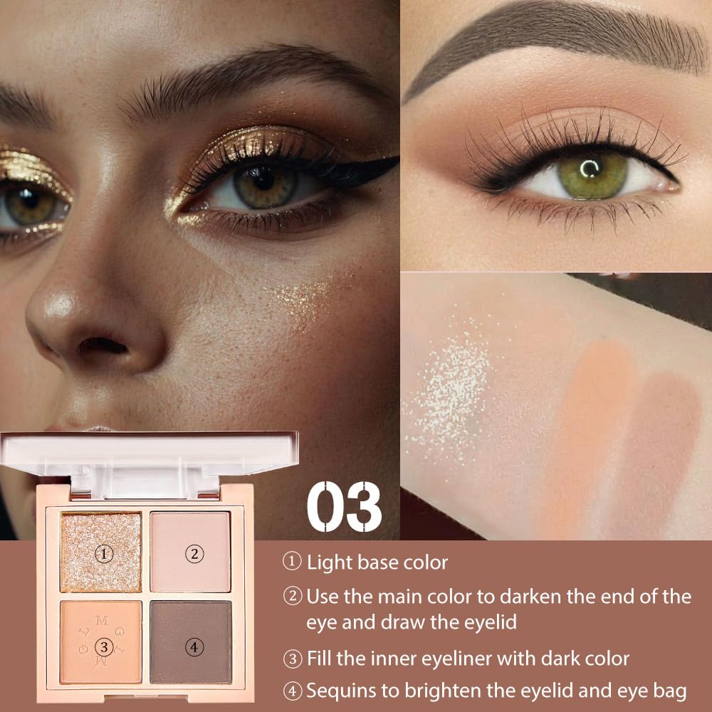 4Colors Eyeshadow Makeup Palette,Nude Champagne Natural Neutral Powde Eye Shadow Palette for Older Women,Long Lasting Naturing-Looking,Lightweight,Waterproof,Eye Makeup Kit Travel Size-Velvo Beauty