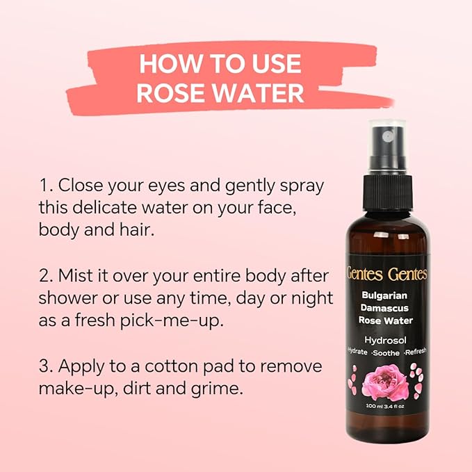 100% Pure Bulgarian Damascus Rose Water Hydrosol – Luxury Facial Toner for Hydration & Radiant Skin, Body Mist & Pillow Spray | Natural Skincare | 3.4 fl oz-Velvo Beauty