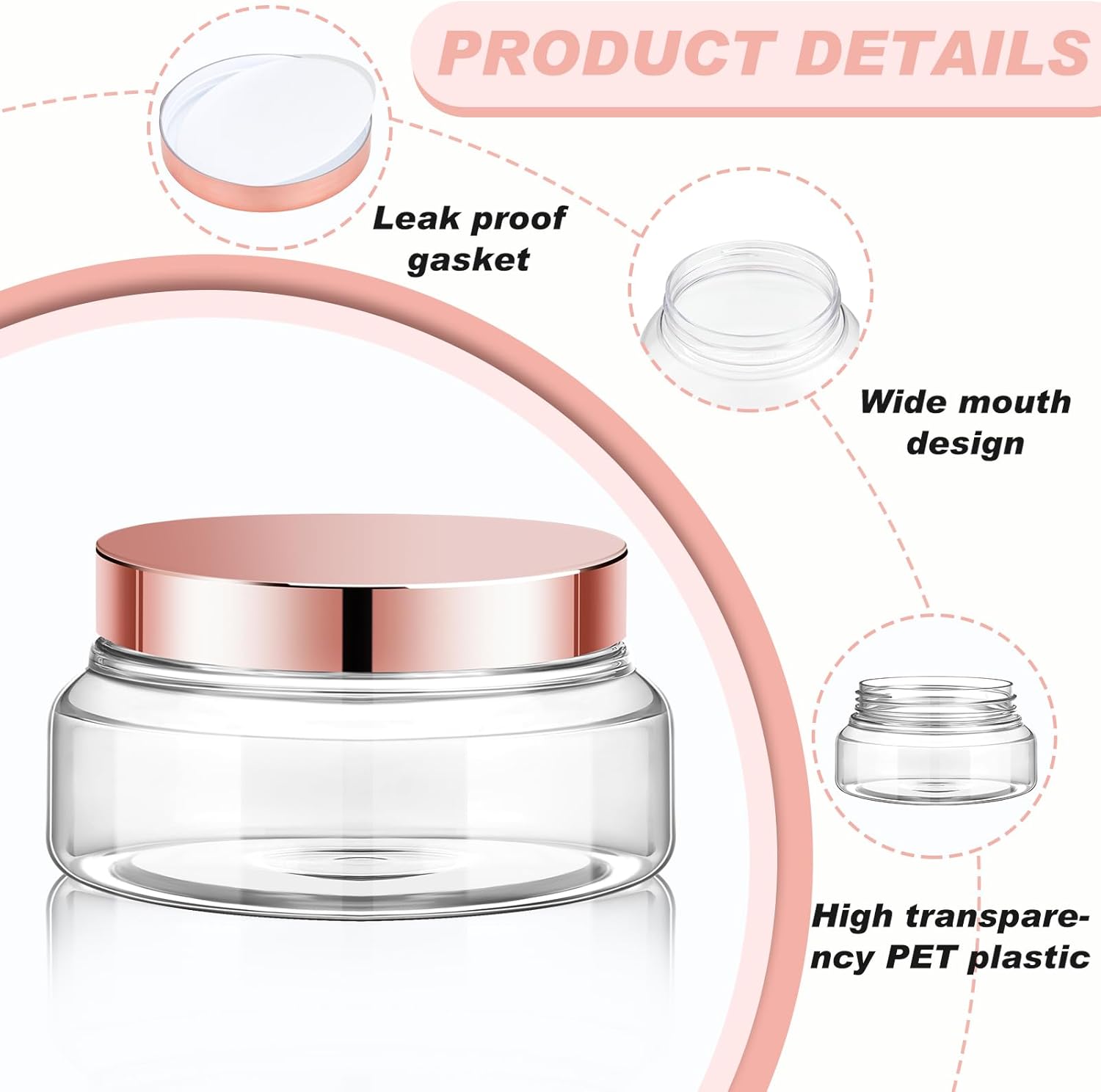 Tessco 24 Pack Plastic Jars with Lids Labels Empty Clear Plastic Jars Round Refillable Cosmetic Containers Body Butter Containers Bulk Sugar Scrub Bottle for Make Up(5 oz,Clear, Rose Gold)-Velvo Beauty