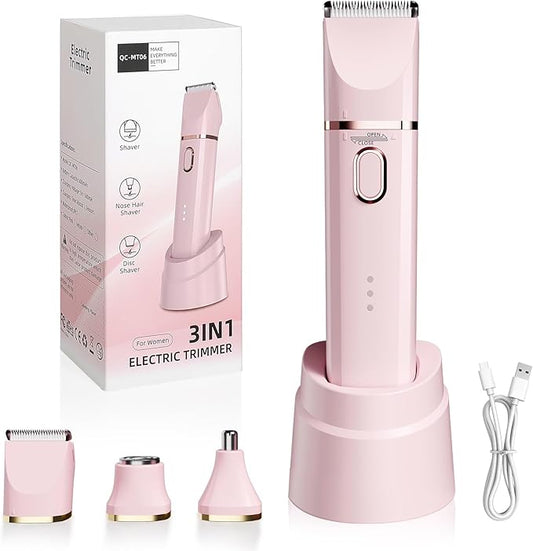 Bikini Trimmer for Women: 3 in 1 Gentle&Painless Electric Razor for Women,120min Cordless Runtime,USB Charge Dock,Ceramic Blade,IPX7 Waterproof Wet & Dry Use &Easy Cleaning Travel Grooming Kit (Pink)-Velvo Beauty