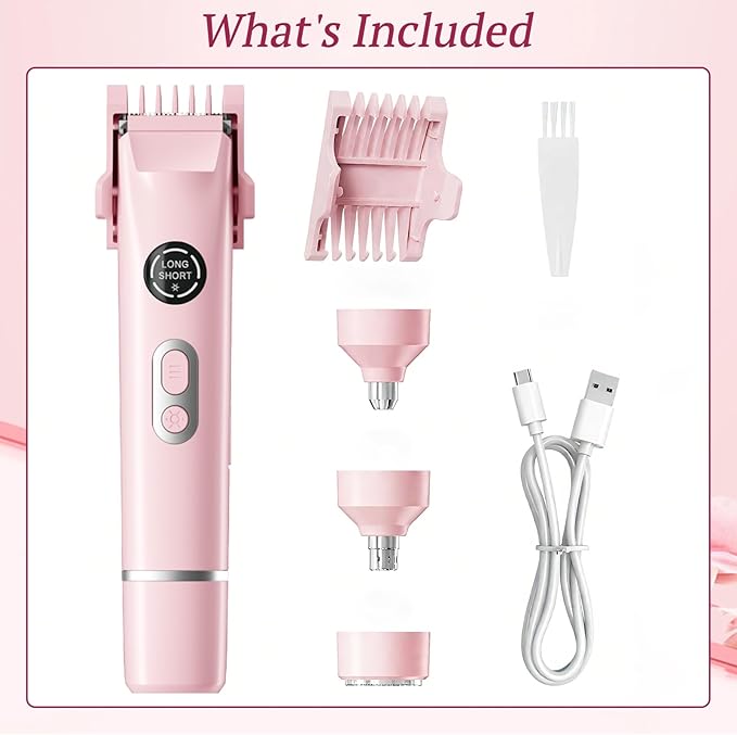 Bikini Trimmer for Women, 4 in 1 Wet/Dry Electric Razors for Women - Dual Head, Painless Rechargeable Portable Womens Razors for Shaving Set for Face, Nose, Eyebrows, Armpits, Bikini Area (Pink)-Velvo Beauty