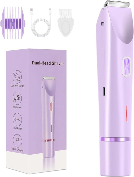 Dermave Bikini Shaver - Electric Bikini Trimmer for Women, Dual Head Shaver Painless Hair Removal for Face, Body & Intimate Areas (Purple)-Velvo Beauty