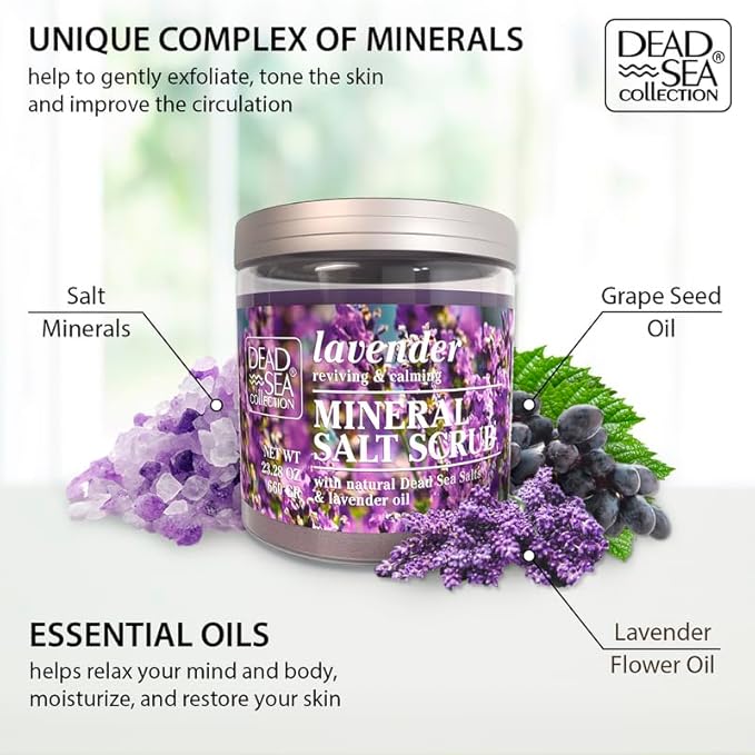 Dead Sea Collection Lavender Salt Scrub – Exfoliating Body Scrub for Women – Moisturizing and Nourishing Skin – with Pure Oils and Dead Sea Minerals (23.28 Oz)-Velvo Beauty