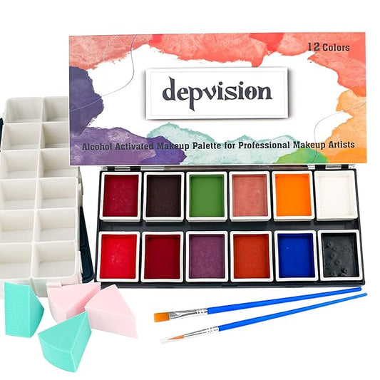 Depvision Alcohol Activated Face Paint SFX Makeup 12 color for Special Effects Wound Bruise Waterproof Professional Makeup Artist with Color Palette Sponges Brushes Skin Illustrator-Velvo Beauty