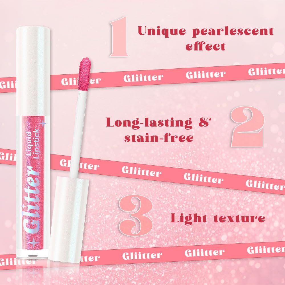 Pink Metallic Lipstick for Women,Lightweight Glitter Sparkling Liquid Lipsticks,Shimmer Lip Gloss Stain Long Lasting Waterproof Smudge Proof Non-Drying 24 Hour Full Coverage Lip Makeup,Vegan-Velvo Beauty