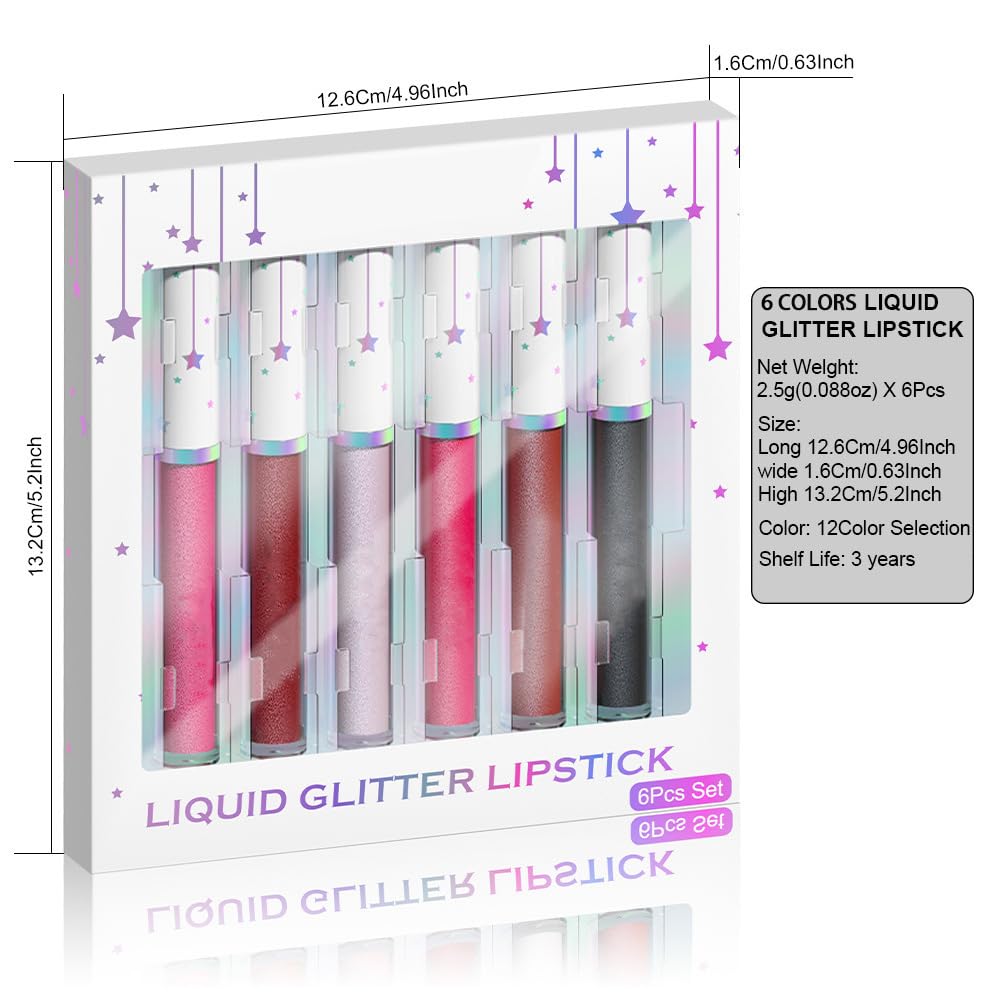 evpct 6Pcs Rose Pink Dark Wine Mauve Sexy Red Black Lilac Metallic Shimmer Glitter Lip Gloss Liquid Lipstick Set for Women Long Lasting Waterproof 24, Pearlescent Sparkly Glossy Lipsticks Lip Makeup-Velvo Beauty