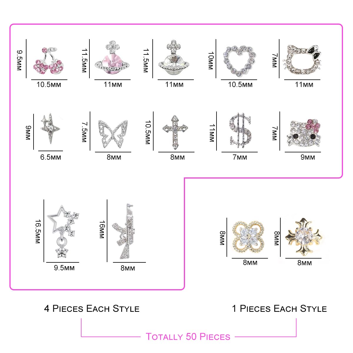 50Pcs Nail Charms Rhinestones Gems Kitty Heart Star Gun Planet Cross Jewelry for Acrylic Nails Accessories Women Nail Decorations Manicure Craft DIY Nail Art Supplies-Velvo Beauty