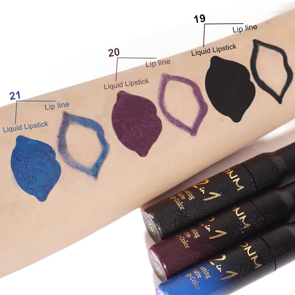 evpct 3Pcs Dark Black Purple Royal Blue Matte Lip Liner and Liquid Lipstick Lip Stain Makeup Set Smudge Proof, 24 Hours Original Long Lasting Matte Lipstick Waterproof labial mate larga duracion 24-Velvo Beauty