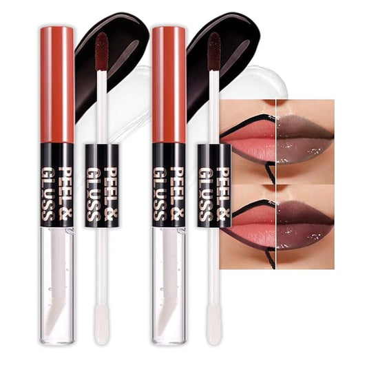 2Pcs Lip Stain Peel Off Lip Gloss oil Dual-Ended Combo, Lips Liner Stain Peel Off Masque, Long Lasting & Waterproof, Transfer-Proof Lip Tint Stain with Lip oil for All Skin Type 06#+07#-Velvo Beauty