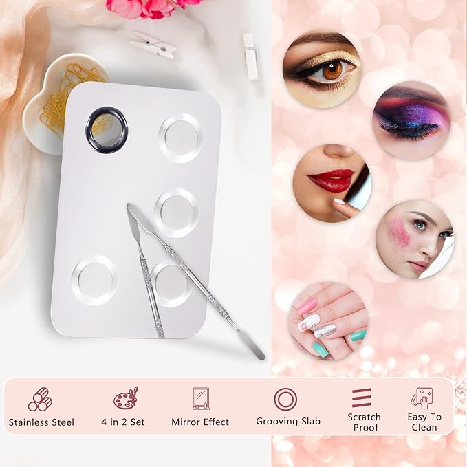 4 in 2 Set Makeup Mixing Palette, Makeup Palette for Foundation, Makeup Mixing Tray, Stainless Steel Mixing Tray with Spatula for Mixing Foundation Eye Shadow Nail Art, Makeup Foundation Mixing Tray-Velvo Beauty