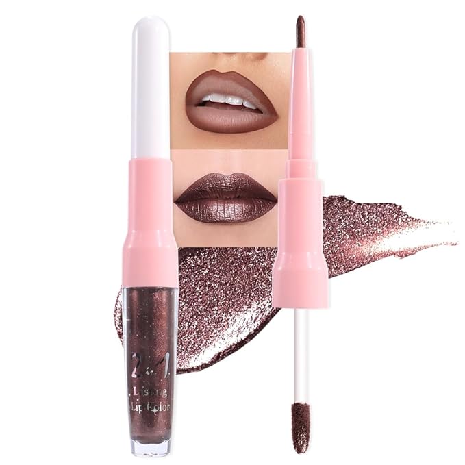 evpct Dark Brown Metallic Glitter Lip Liner and Lipstick Combo Lip Gloss Stain Set Makeup for Women Long Lasting Waterproof 24, Chocolate Metallic Shimmer Frosted Iridescent Shiny Liquid Lipstick 11-Velvo Beauty