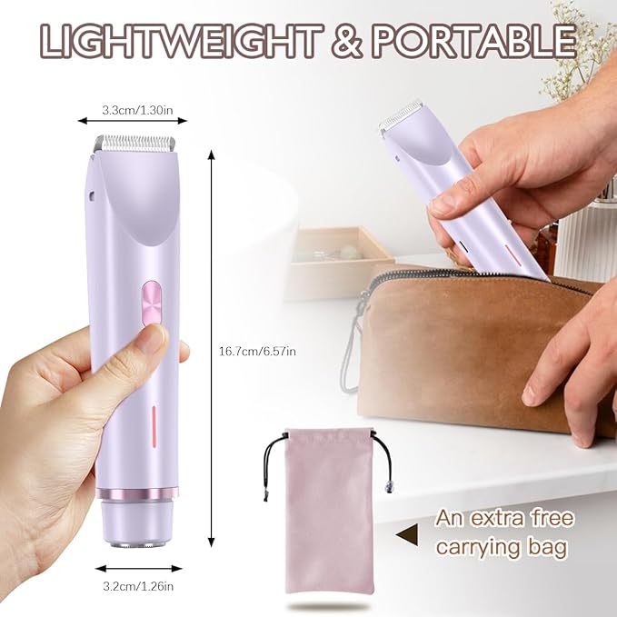 Bikini Trimmer for Women, 2 in 1 Dual-Head Electric Shaver for Women Pubic Hair, Waterproof Wet/Dry Use Body Hair Trimmer and Face Razors, Rechargeable Hair Removal for Bikini Legs Face Underarm Arm-Velvo Beauty