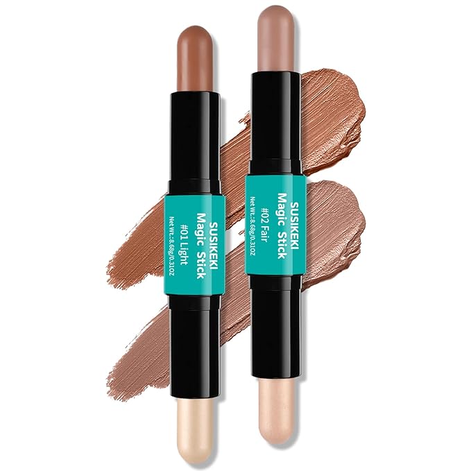Contour Stick, 2Pcs Dual-Ended Highlighter Makeup Pen & Contouring Stick for Face Shaping, Long Lasting Waterproof Cream Bronzer & Highlight Sticks Make Up Kit for All Skin Tones (01# + 02#)-Velvo Beauty