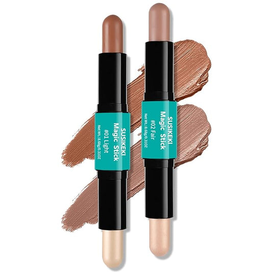 Contour Stick, 2Pcs Dual-Ended Highlighter Makeup Pen & Contouring Stick for Face Shaping, Long Lasting Waterproof Cream Bronzer & Highlight Sticks Make Up Kit for All Skin Tones (01# + 02#)-Velvo Beauty