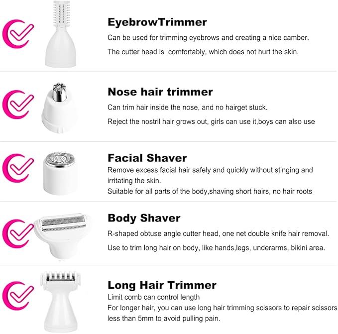Electric Razor for Women Removal for Body Nose Hair Trimmer Face Shavers Eyebrow Legs Armpit Bikini Area Pubic Underarms Painless Rechargeable Portable 5 in 1 Womens Razors Set-Velvo Beauty