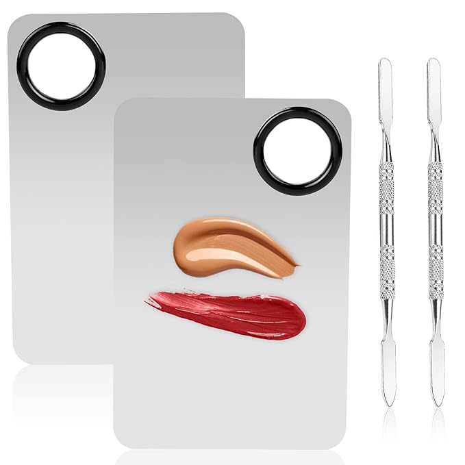 2 Sets Foundation Palette Makeup Mixing Palette Stainless Steel Cosmetic Mixing Palette with Spatula Makeup Artist Tool for Mixing Foundation Eye Shadow Eyelash Nail Art (4.52 x 2.99 inch)-Velvo Beauty
