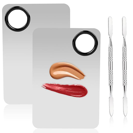 2 Sets Foundation Palette Makeup Mixing Palette Stainless Steel Cosmetic Mixing Palette with Spatula Makeup Artist Tool for Mixing Foundation Eye Shadow Eyelash Nail Art (4.52 x 2.99 inch)-Velvo Beauty