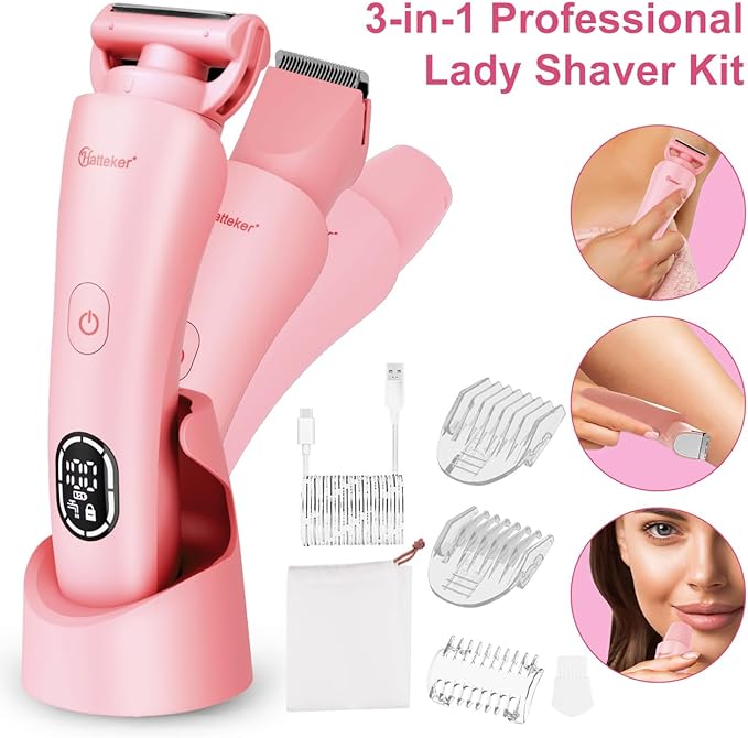 Hatteker Women's Electric Shaver Bikini Trimmer Hair Trimmer for Women LED Display Electric Razor for Legs Bikini Underarm Public Hairs Led Display IPX7 Waterproof Gift for Women (Pink)-Velvo Beauty