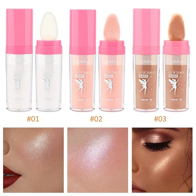 evpct 3Pcs Glitter Highlighter Powder Stick Make up Puff Fairy Stick Peal White Pink Bronze Shimmer Glitter Face Eye Body Liquid Highlighter makeup illuminators de maquillaje Glow Makeup Shimmer Stick-Velvo Beauty