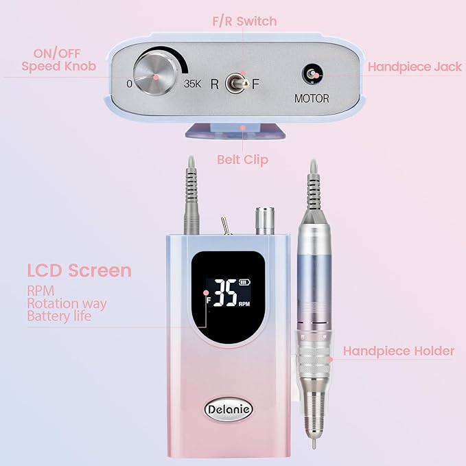 Delanie Professional Nail Drill High Torque 35000 RPM Rechargeable Portable Electric Nail File Filer for Acrylic Gel with Cuticle Bits, Salon Manicure Tool, Gradient Pink-Velvo Beauty