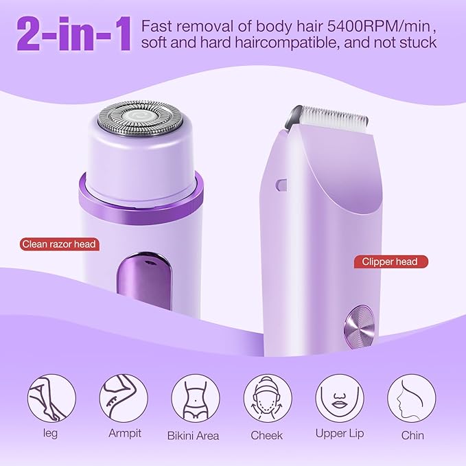 Bikini Trimmer for Women Electric Razors for Women Women's Electric Razor 2 in 1 Shaver Pubic Hair Trimmer Ipx7 Waterproof Wet Dry Use Bikini Shaver for Ladies Pubic, Legs, Face, Underarms (Purple)-Velvo Beauty
