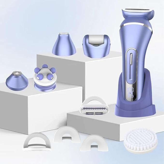 Electric Shavers for Women, 7 in 1 Hair Removal Kit with Epilator Bikini Trimmer Face Razor Body Brush Face Massager Foot Callus Remover, IPX7 Waterproof Lady Razors Set for Legs Armpit Bikini Pubic-Velvo Beauty
