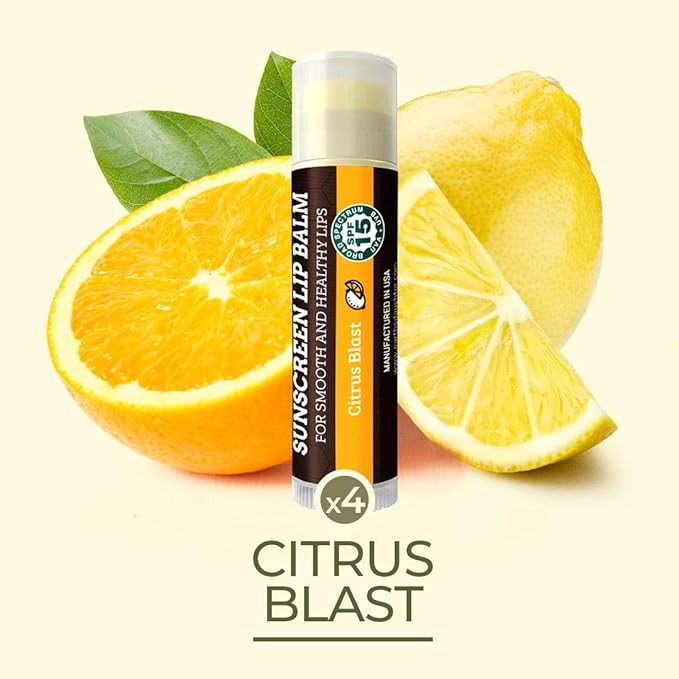 SPF Lip Balm 4-Pack by Earth's Daughter - Lip Sunscreen, SPF 15, Organic Ingredients, Citrus Flavor, Beeswax, Coconut Oil, Vitamin E - Hypoallergenic, Paraben Free, Gluten Free-Velvo Beauty