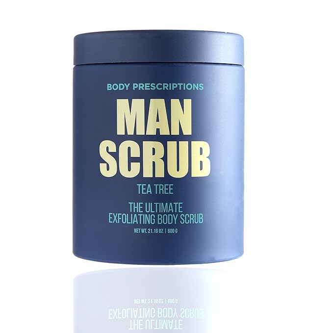 Body Prescriptions Men’s Exfoliating Body Scrub – Ultimate Skin Cleansing Wash in Jar with Twist-Top Lid, For All Skin Types, 21 Ounce (Pack of 4), Tea Tree-Velvo Beauty