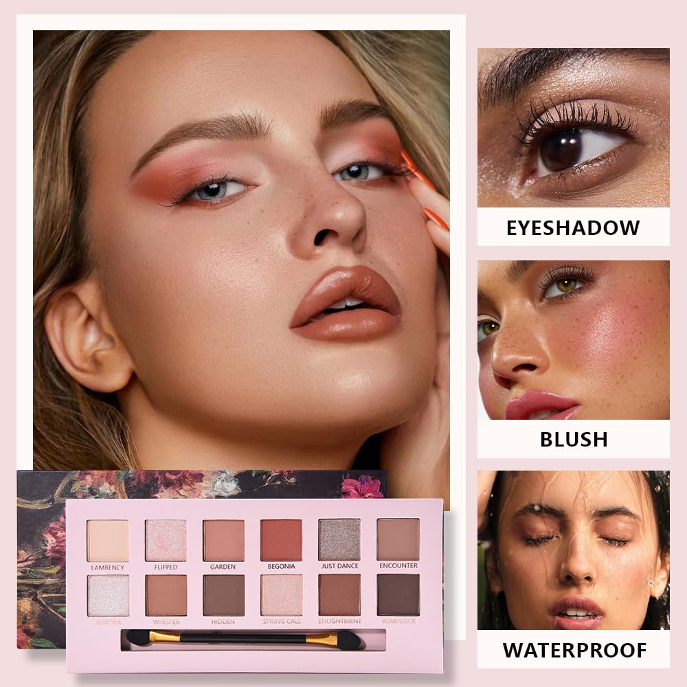 12Colors Eye Shadow Palette With Mirror and Brush,Nude Pink Brown Neutral Natural Eyeshadow Palette,Long Lasting Waterproof Travel Size Makeup Pallete-Velvo Beauty