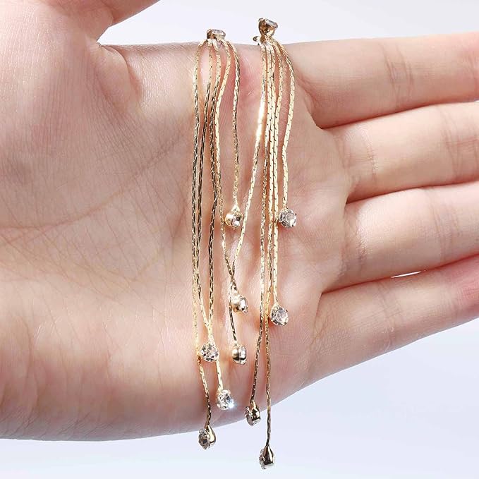 Boho Cz Tassel Chain Earrings Gold Drop Crystal Earrings Long Chain Dangle Earrings Rhinestone Linear Chain Earrings Sparkle Crystal Wedding Earrings Jewelry for Women and Girls-Velvo Beauty
