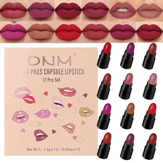 evpct 12Pcs Mini Pills Lipstick Capsule Set for Women Waterproof Long Lasting, Dark Ruby Deep Wine Mauve Red Purple Nude Brown Matte Small Magic Permanent 24 Hour Lipstick Bulk Samples 02-Velvo Beauty