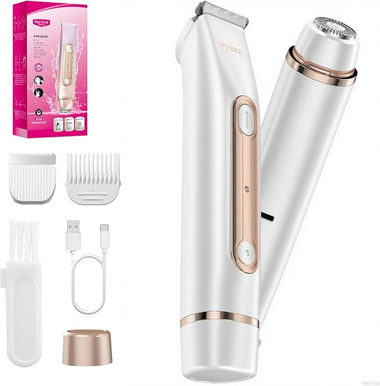 2 in 1 Bikini Trimmer for Women, Dual Head Electric Razor, IPX7 Waterproof Wet/Dry Use Women Electric Shaver, Painless Body Facial Hair Remover for Bikini Legs Arm Underarm, (White)-Velvo Beauty