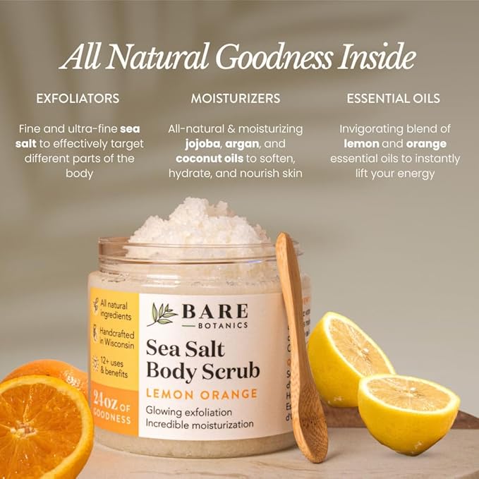 Bare Botanics Lemon Orange Body Scrub 24oz | Made in Madison, WI | All Natural Sea Salt Exfoliator w/ Skin Loving Moisturizers | Vegan & Cruelty Free | Gift Ready Packaging w/ a Cute Wooden Spoon-Velvo Beauty