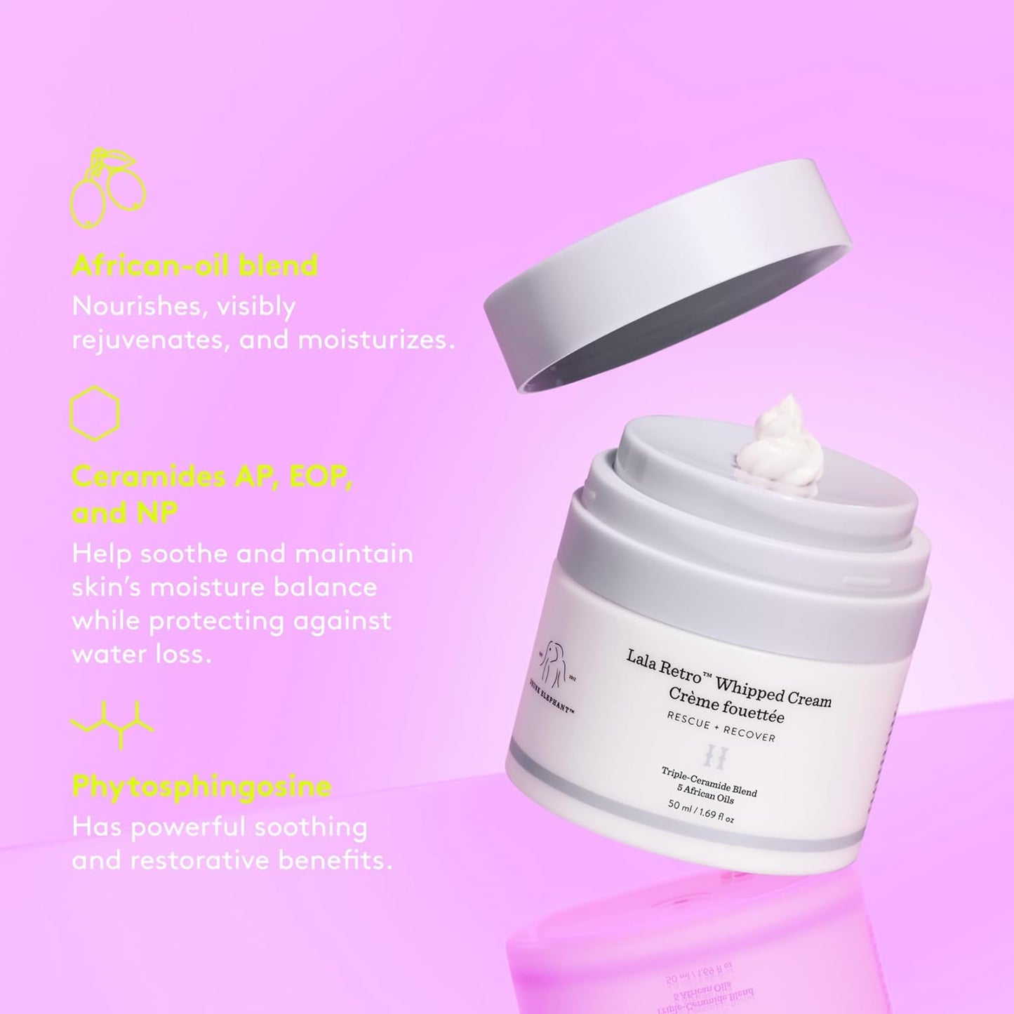 Drunk Elephant Lala Retro Whipped Cream - 50 ml/1.69 fl oz - Ceramide Moisturizer - Clean Clinical Skincare - Cruelty-Free - Dermatologist-Tested - Includes D-Bronzi Deluxe Sample (5 ml/.16 fl oz)-Velvo Beauty