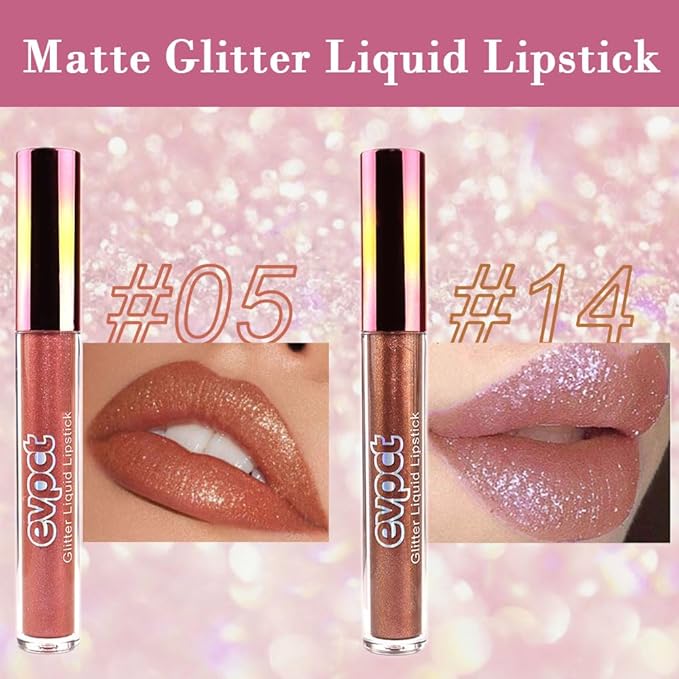 evpct 2Pcs Bronze Gold Nude Gold Matte to Glitter Liquid Lipstick Set for Women Long Lasting Glossy Metallic Shimmer Sparkle Lipstick Lip Gloss 5+14-Velvo Beauty