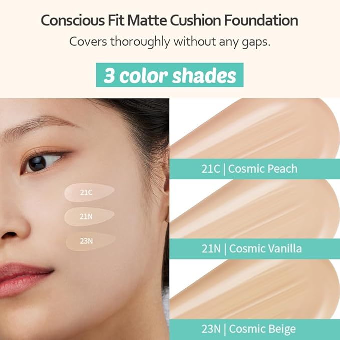 MOONSHOT KOREA Matte Fit Cushion Foundation Full Coverage Matte Finish, Breathable Makeup for Face, Long Lasting, Lightweight K-BEAUTY (21N Cosmic Vanilla, Matte Fit Cushion)-Velvo Beauty
