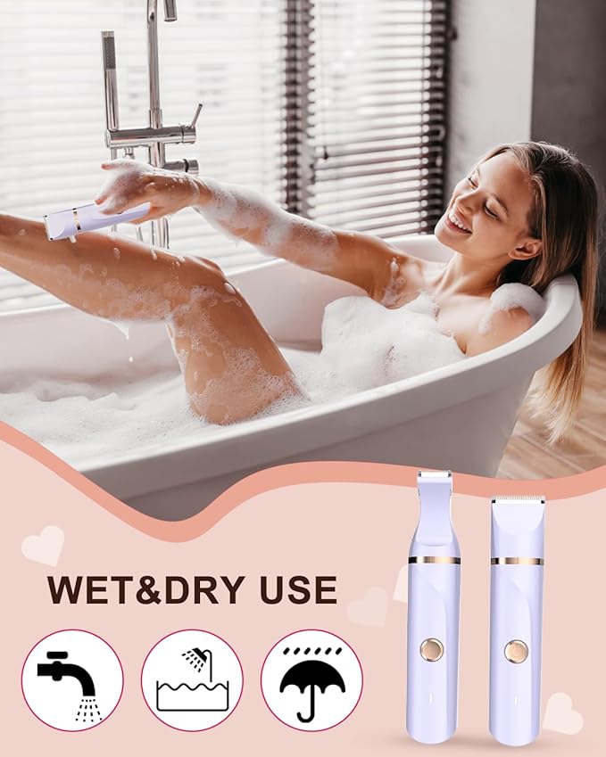 Bikini Trimmer for Women,Painless Electric Razor for Pubic Hair,Rechargeable Body Hair Trimmer,Electric Shaver Removal with Snap-in Ceramic Blades IP7X Washable Head,Wet and Dry Use, Light Purple-Velvo Beauty