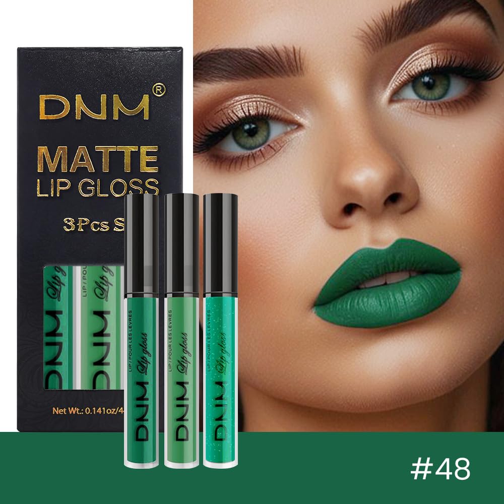 evpct 3Pcs Dark Pale Teal Forest Emerald Green Matte Glitter Shimmer Shiny Liquid Lipstick Lip Stain Sets for Women Matte+Lipstick Long Lasting Waterproof 24 hr Magic Lipstick 24 Hours original-Velvo Beauty