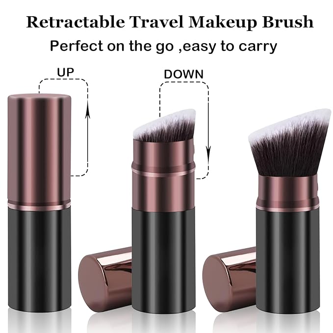 Retractable Makeup Brush, Travel Kabuki Powder Makeup Brush 2 Pack, Foundation Face Blush Brushes for Blending Liquid, Blush, Bronzer, Buffing, Sunscreen,Flawless Cosmetics-Velvo Beauty