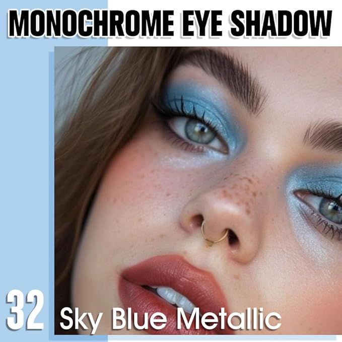 Sky Blue Single Metallic Shimmer Eyeshadow Makeup, Neutral Powde Eye Shadow for Women, Sky Blue Metallic Glitter Singles Eyeshadow Palette Pigmented Waterproof, Girls Monochrome Eyeshadows Gift-Velvo Beauty