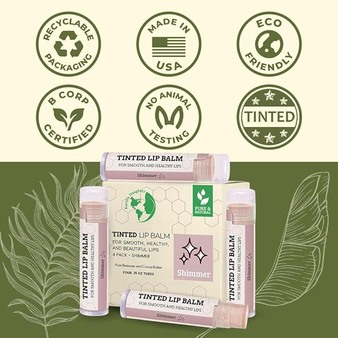 Tinted Lip Balm by Earth’s Daughter – 4 Pack of Shimmer Tint – Beeswax, Coconut Oil, Cocoa Butter, Vitamin E – Moisturize and Beautify – Paraben Free-Velvo Beauty