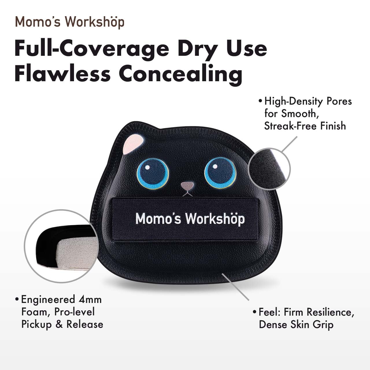 Black Cat Toto Airy Marshmallow Puff,Makeup Sponge,Rubycell Material,Pointed Tip for Concealer + Flat Side for Foundation, Longwear Makeup, Travel Friendly & Reusable,2pcs Puffs & Storage Case-Velvo Beauty