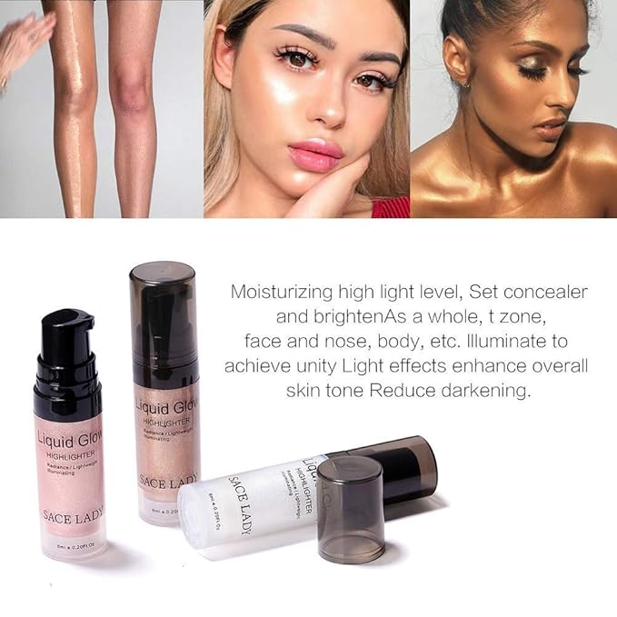 SACE LADY Liquid Highlighter Makeup Set Shimmer And Shine Ultra-Smooth Radiant Illuminator Kit For Face Cheekbone Body Glow Bronzer Glitter Illuminating Highlighters Makeups 3 Pack (3×6ml/0.2Fl Oz)