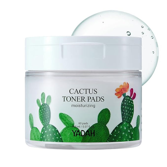YADAH Cactus Toner Pads 5.07 Fluid Ounce 60 Count, Cruelty Free Facial Cleansing Exfoliator Toning Hydrating Treatment Wipes for Clear Pores Acne Prone Oily Dry Sensitive Skin-Velvo Beauty
